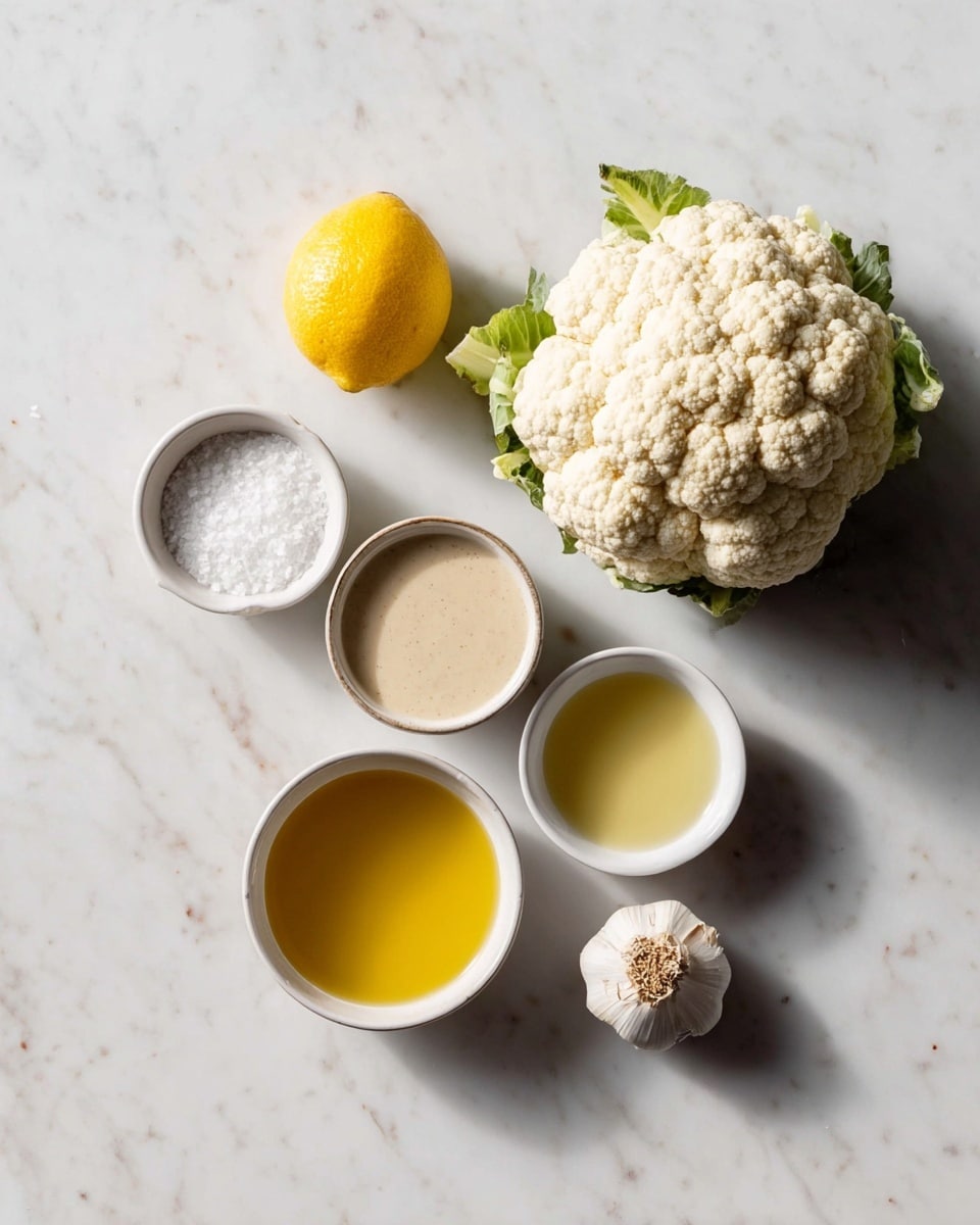 A flat lay image on a white marbled surface showing six main ingredients arranged neatly: at the top right, a whole head of cream-colored cauliflower with small green leaves around it; at the top left, a bright yellow lemon; near the lemon, a small white bowl with coarse white salt; below the salt, a slightly larger white bowl filled with smooth, light beige tahini; to the right of the tahini, a white bowl containing golden yellow olive oil; below the tahini and salt, a single clove of garlic with a few brownish spots; and an empty small white bowl placed near the garlic. The lighting is soft and natural, highlighting the textures of each ingredient. photo taken with an iphone --ar 4:5 --v 7