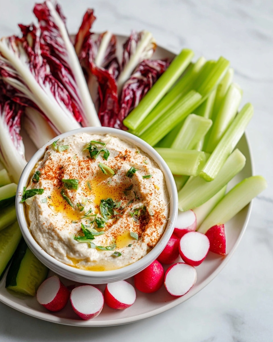 A white bowl filled with creamy white hummus is topped with a smooth layer of golden olive oil, a sprinkle of red paprika, and small pieces of fresh green herbs. This bowl sits on the right side of a large white plate. The plate is arranged with fresh raw vegetable sticks: bright green celery sticks behind the bowl, red and white radicchio leaves on the upper left, thinly sliced radishes and whole radishes on the lower left, and light green cucumber sticks along the bottom and right edges. All of this is placed on a white marbled surface. photo taken with an iphone --ar 4:5 --v 7
