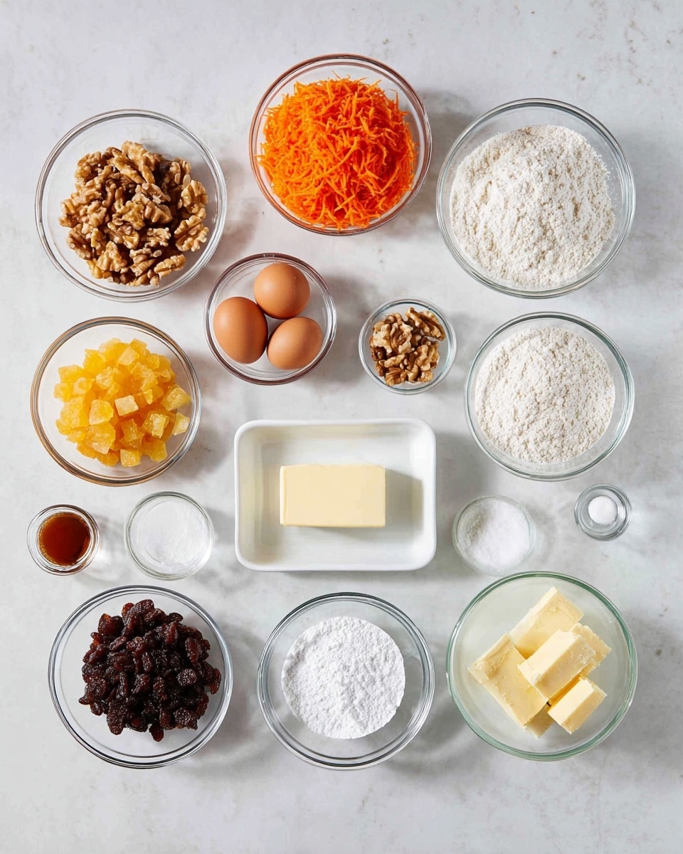 A flat lay image showing multiple clear glass bowls and a small white rectangular dish all placed on a white marbled surface. The bowls contain bright orange shredded carrots, dark brown raisins, light brown sugar, creamy pineapple pieces, white powdered sugar, flour, and small cubes of butter. There are two brown eggs in one bowl, chopped walnuts in another, and smaller bowls with white salt, cinnamon powder, baking soda, vanilla extract, and two cream cheese blocks. The white dish holds a stick of butter at the center of the layout, creating a neat and colorful arrangement of baking ingredients. Photo taken with an iphone --ar 4:5 --v 7