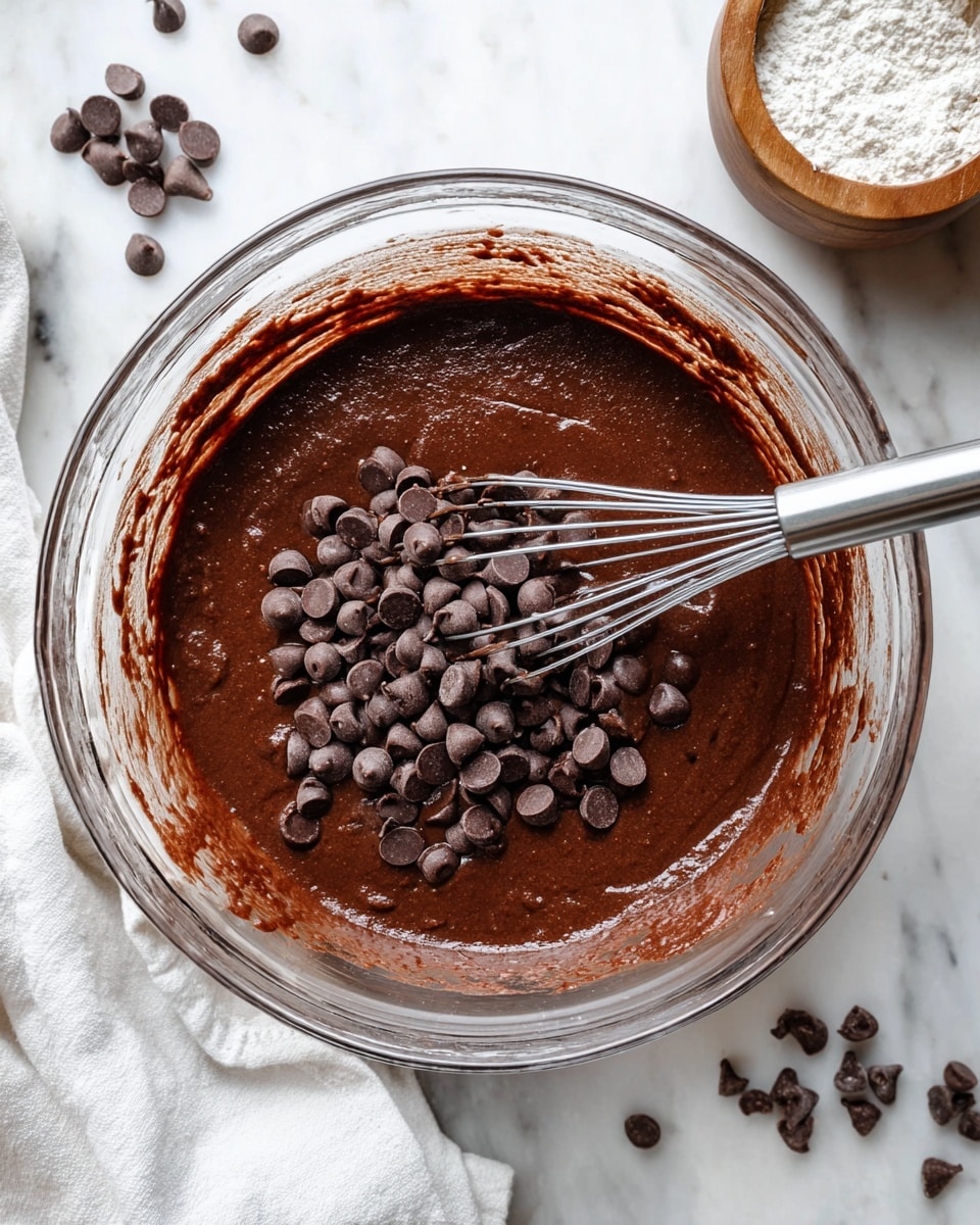 In a clear glass bowl, there is a thick, dark brown chocolate batter with a smooth texture filling most of the bowl. On top of the batter, a pile of medium-sized, shiny chocolate chips sits near the center. A metal whisk with a silver handle is partially submerged in the batter, resting diagonally from the bottom left to the center. The rim of the bowl shows some batter splashes that create a slightly rough lighter brown ring inside the bowl. The bowl is on a white marbled surface with a few loose chocolate chips scattered around and a wooden container with white powder in the top right corner. A white cloth with soft folds is placed on the upper left side of the bowl. Photo taken with an iphone --ar 4:5 --v 7