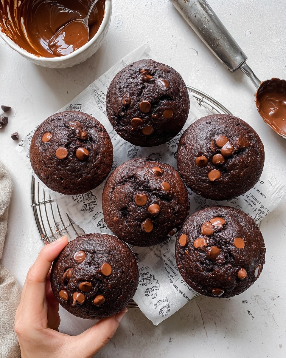 Seven dark brown chocolate muffins with shiny chocolate chips on top are arranged closely on a small metal rack lined with printed white paper. A woman's hand gently holds one muffin at the bottom left. The muffins show slight cracks on the top, indicating a soft texture inside. The scene is set on a white marbled surface, with a metal ice cream scoop and a white bowl filled with melted chocolate partly visible around the edges. Photo taken with an iphone --ar 4:5 --v 7