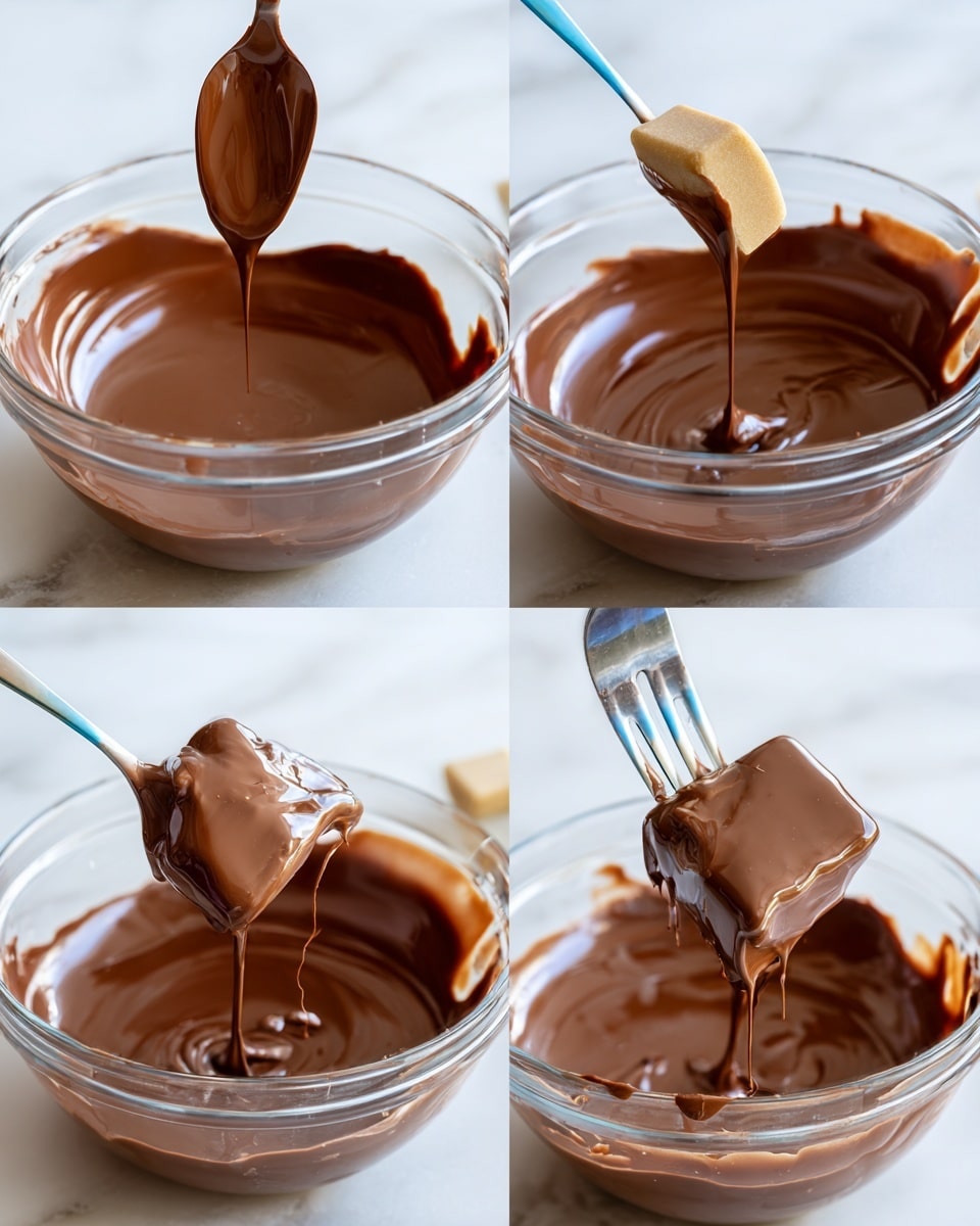A clear glass bowl filled with smooth, shiny, light brown melted chocolate is placed on a white marbled surface. In the first section, a spoon coated in chocolate is lifted above the bowl with chocolate dripping back into it. The second section shows a fork holding a small beige square piece that is being dipped into the chocolate. The third section captures the fork lifting the square piece fully covered in chocolate, with a glossy, thick layer wrapping it. The fourth section shows the square piece held close up, dripping with the melted chocolate that clings and stretches downwards. Photo taken with an iphone --ar 4:5 --v 7