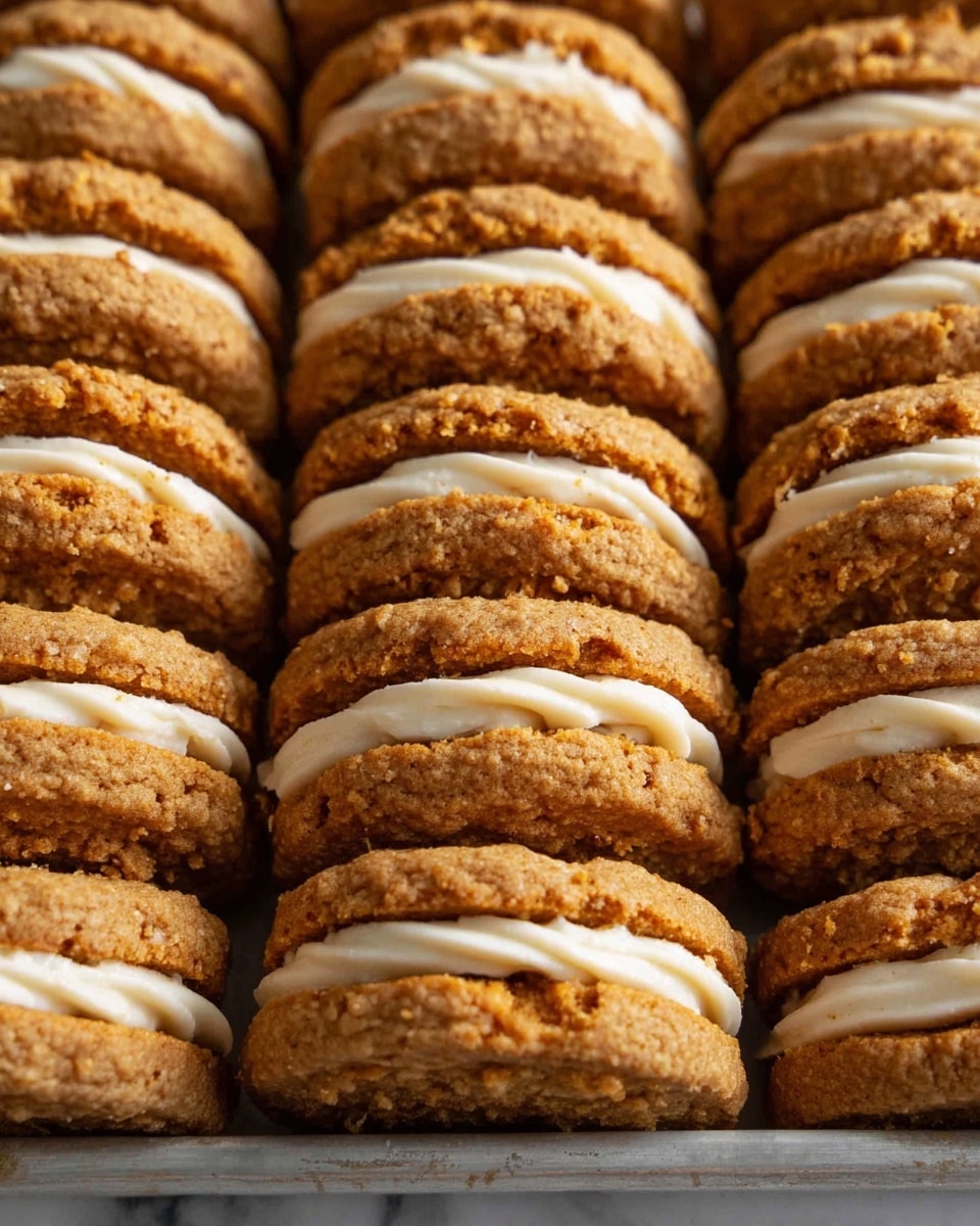Rows of sandwich cookies are neatly lined up in a metal tray on a white marbled surface. Each sandwich has two soft, slightly cracked, golden-brown cookie layers with a cream-colored filling in the center. The cookies have a rough, crumbly texture with visible small bits inside, contrasting with the smooth, thick filling layer. The sandwiches are packed close together, showing the consistent layering and even thickness of both cookie and filling. Photo taken with an iphone --ar 4:5 --v 7