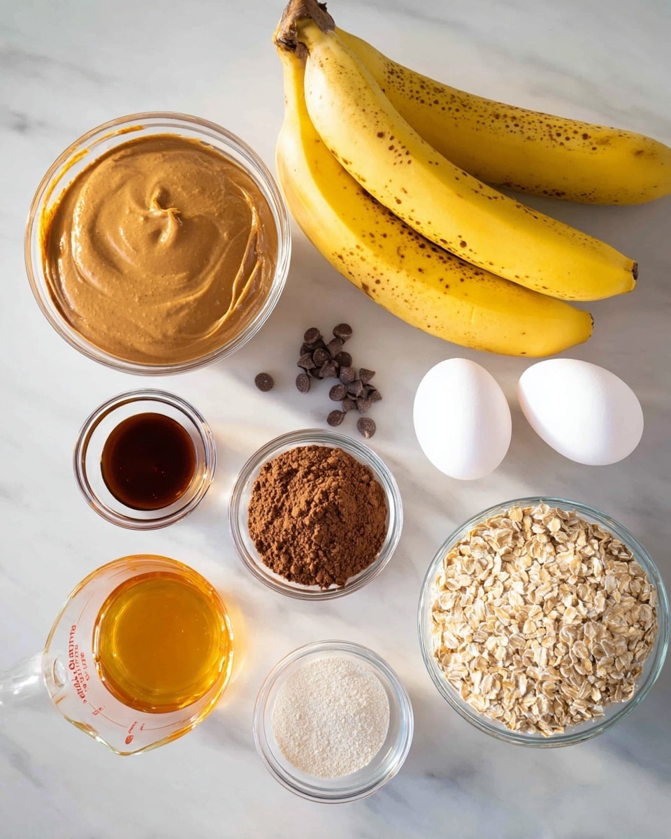 A top-down view of several baking ingredients arranged on a white marbled surface, including a large clear container filled with smooth light brown peanut butter positioned at the top left corner, two ripe yellow bananas with small brown spots lying side by side at the top right, two white eggs placed near the center, a small clear bowl of light brown rolled oats on the right side, a small clear bowl of dark brown cocoa powder at the bottom left, a small clear bowl with dark amber liquid near the bottom right, a small clear bowl containing a white powder and granules just left of the eggs, and a few small dark chocolate chips scattered near the center of the image, with a clear measuring cup filled with golden honey at the bottom left corner, bright natural lighting making the colors of the ingredients vivid photo taken with an iphone --ar 4:5 --v 7