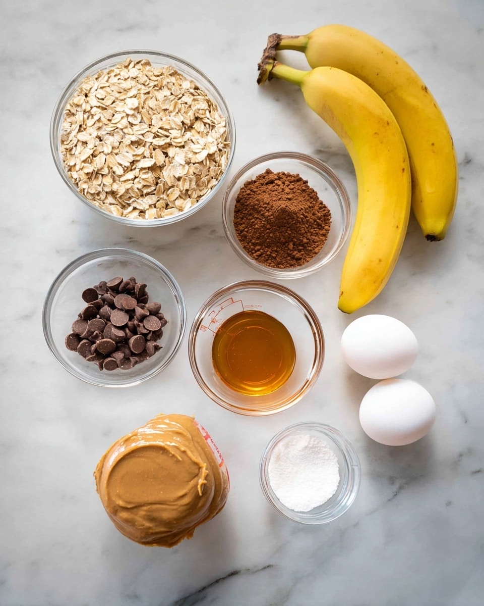 The image shows a white marbled surface with a few small clear glass bowls arranged in a scattered way. One bowl has light brown rolled oats, another is filled with dark brown cocoa powder, and a smaller bowl contains a golden brown liquid, likely vanilla extract. There are also a few dark brown chocolate chips placed loose on the marble. A transparent container holds smooth, light brown peanut butter with a rounded top visible. Two ripe yellow bananas with brown spots rest beside the peanut butter. Two whole eggs with smooth white shells are placed near the center, next to a small glass bowl with white baking powder or baking soda. Lastly, a clear measuring cup filled halfway with golden honey completes the arrangement. The photo is taken with an iphone --ar 4:5 --v 7