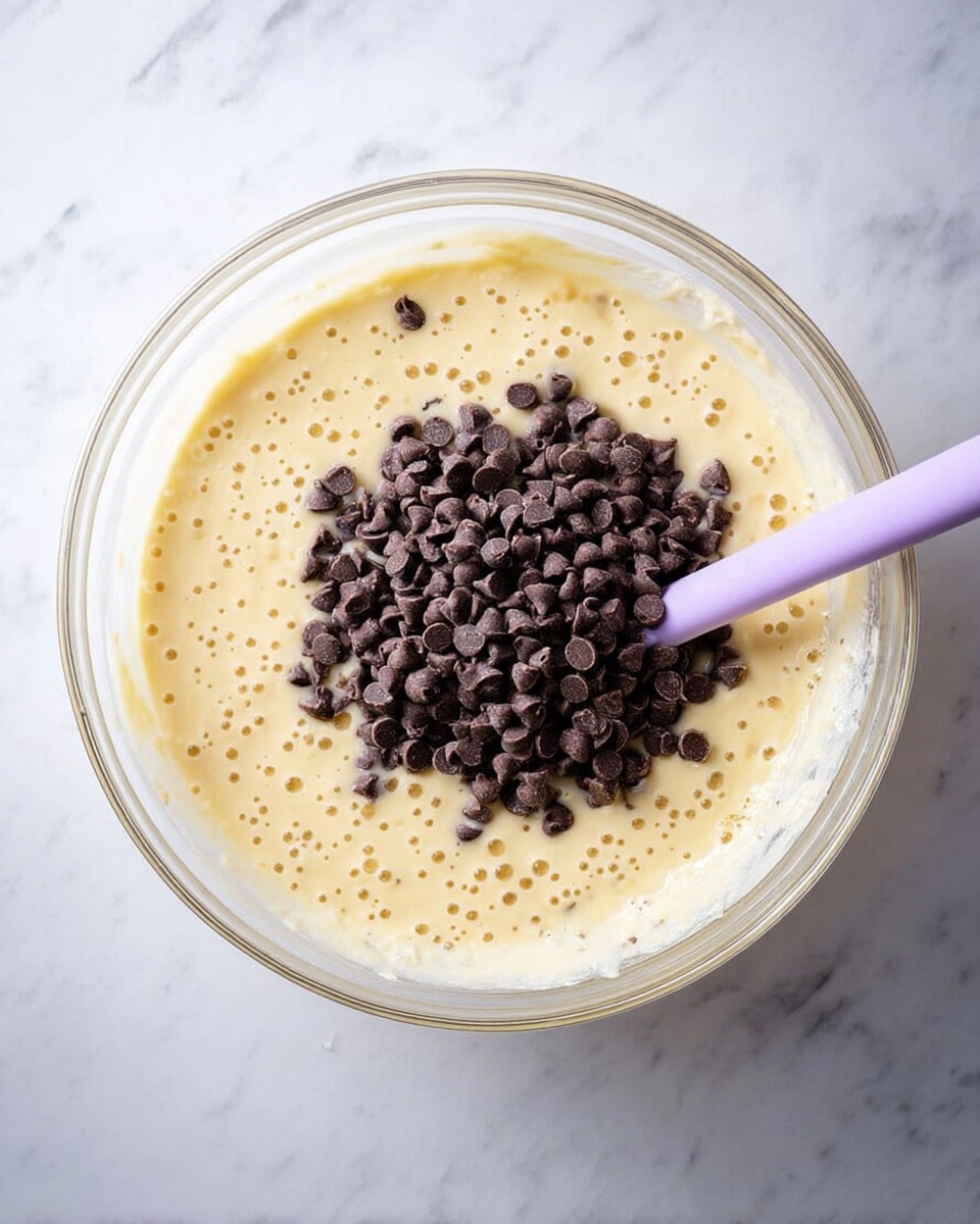 A clear glass bowl filled with a pale yellow creamy batter showing many small bubbles on the surface; on top of the batter, there is a large pile of small, dark brown chocolate chips clustered in the center. A lavender spoon rests in the batter next to the chocolate chips, partially dipped in the mixture. The bowl sits on a white marbled surface, and the image is taken from above. photo taken with an iphone --ar 4:5 --v 7