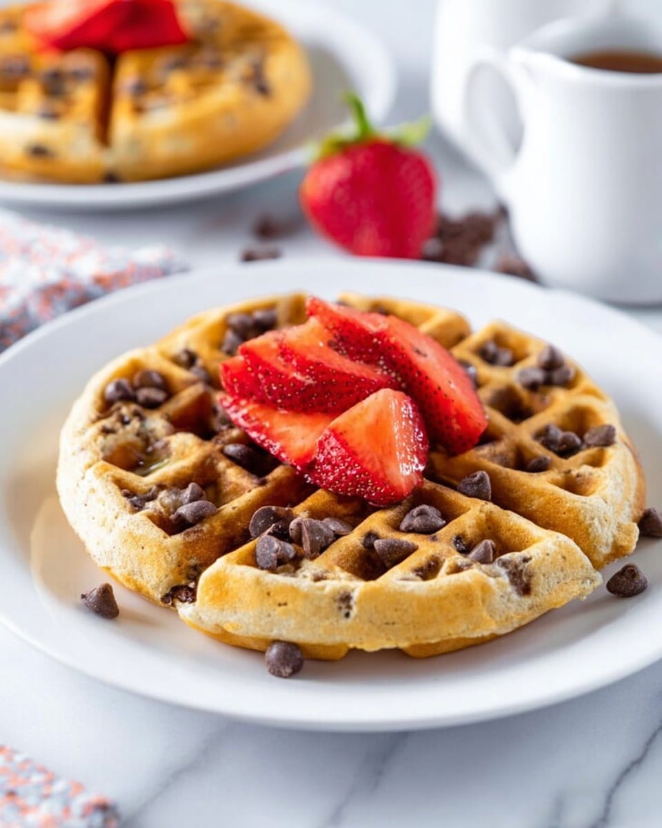 A round waffle with a golden-brown color and chocolate chips baked inside, placed on a white plate on a white marbled surface. On top of the waffle, there are several bright red strawberry pieces arranged in the center, surrounded by extra chocolate chips scattered over the waffle. In the background, a white jug with syrup is partially visible, and another plate with waffles is blurred behind it. photo taken with an iphone --ar 4:5 --v 7