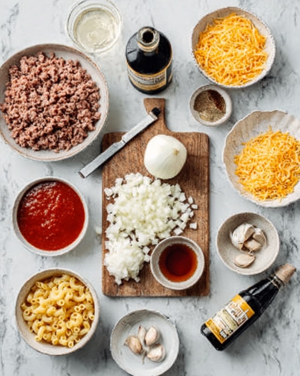 The image shows a white marbled surface with various cooking ingredients arranged neatly for making a dish. A wooden board is placed in the center with chopped white onions and a ball of white cheese, next to a small knife. Around the board, there is a white bowl with ground meat, a white bowl with shredded orange cheese, a small white bowl with tomato sauce, a small bowl with mixed spices, a bowl with salt, two peeled garlic cloves on a small white plate, a bowl with uncooked macaroni, and a bottle of soy sauce. Everything is organized carefully to look ready for cooking. Photo taken with an iphone --ar 4:5 --v 7