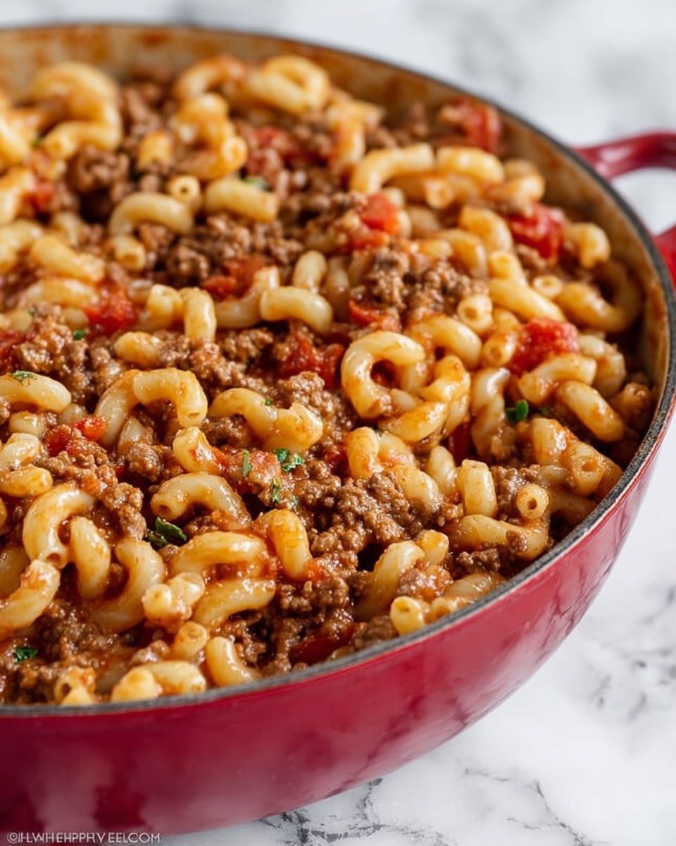 A close-up view of a skillet filled with one thick layer of macaroni pasta mixed evenly with cooked ground beef and small diced tomatoes, all coated in a light reddish sauce. The macaroni is soft and curved, with the meat showing a crumbly texture and the tomatoes adding small bright spots of red across the dish. The skillet is red with a shiny finish, and the background has a white marbled texture. Photo taken with an iphone --ar 4:5 --v 7