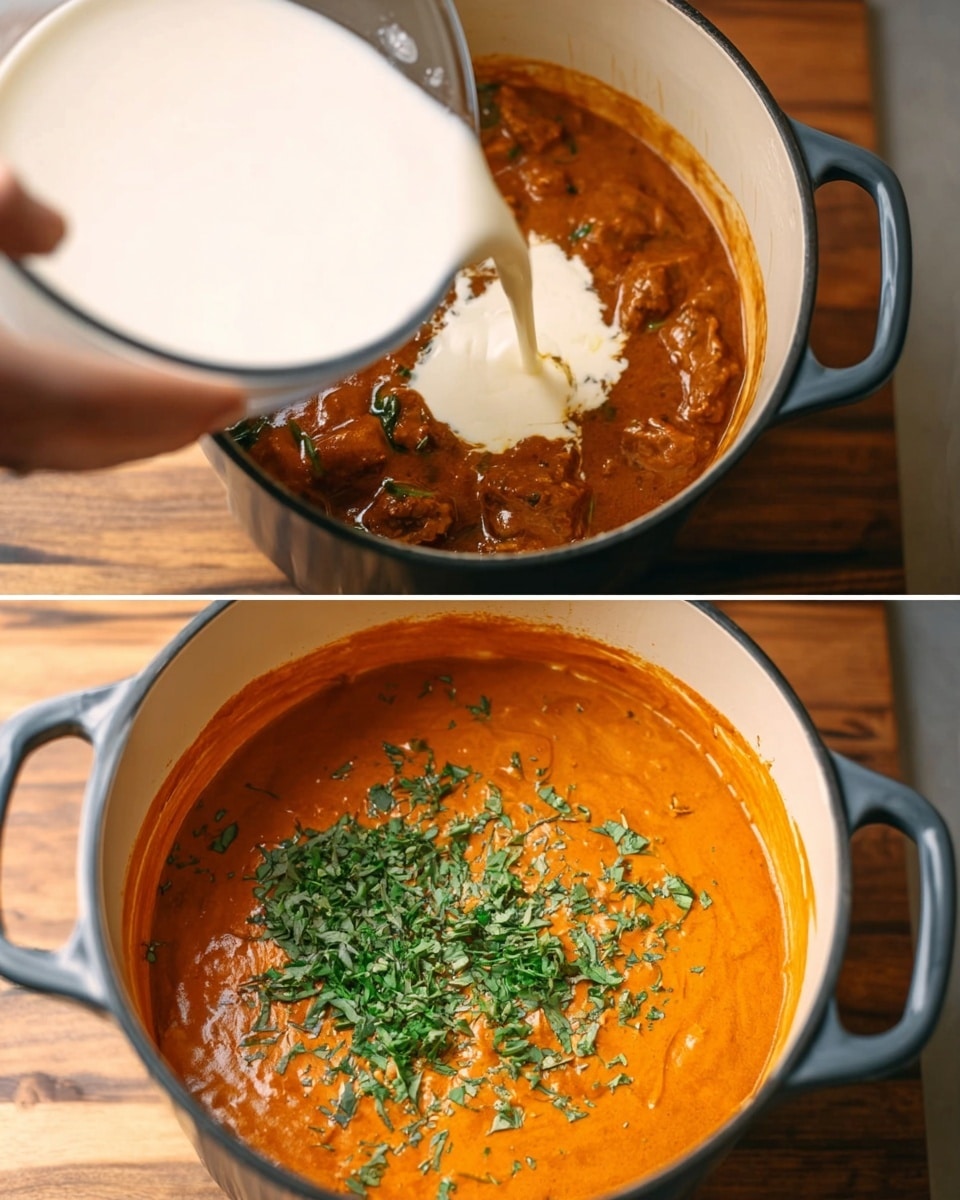 The image shows a cooking pot with two scenes. In the first scene, a woman's hand is pouring a creamy white liquid into a thick, dark orange sauce with visible chunks of meat inside the pot, which sits on a wooden surface. In the second scene, the sauce has thickened to a rich, smooth orange color mixed with the meat, with fresh green chopped herbs sprinkled on top, all inside the same pot on the wooden surface. photo taken with an iphone --ar 4:5 --v 7