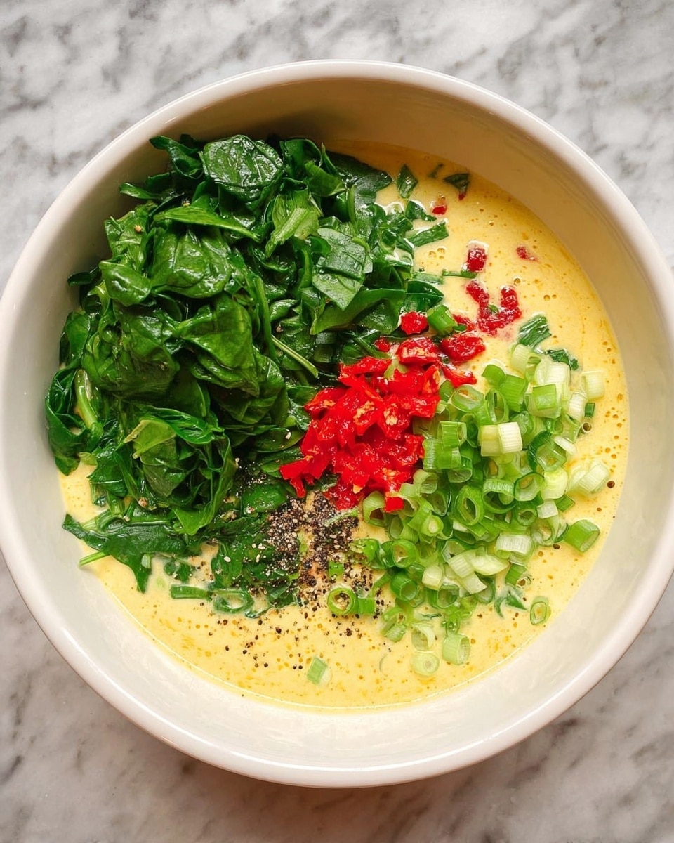 A white bowl filled with a creamy yellow liquid base, topped with a large pile of chopped bright green spinach leaves on the left side, a smaller pile of light green sliced scallions on the upper right side, a small amount of finely chopped red bell pepper pieces at the bottom, and a sprinkle of black pepper near the scallions. The bowl is placed on a white marbled surface. photo taken with an iphone --ar 4:5 --v 7