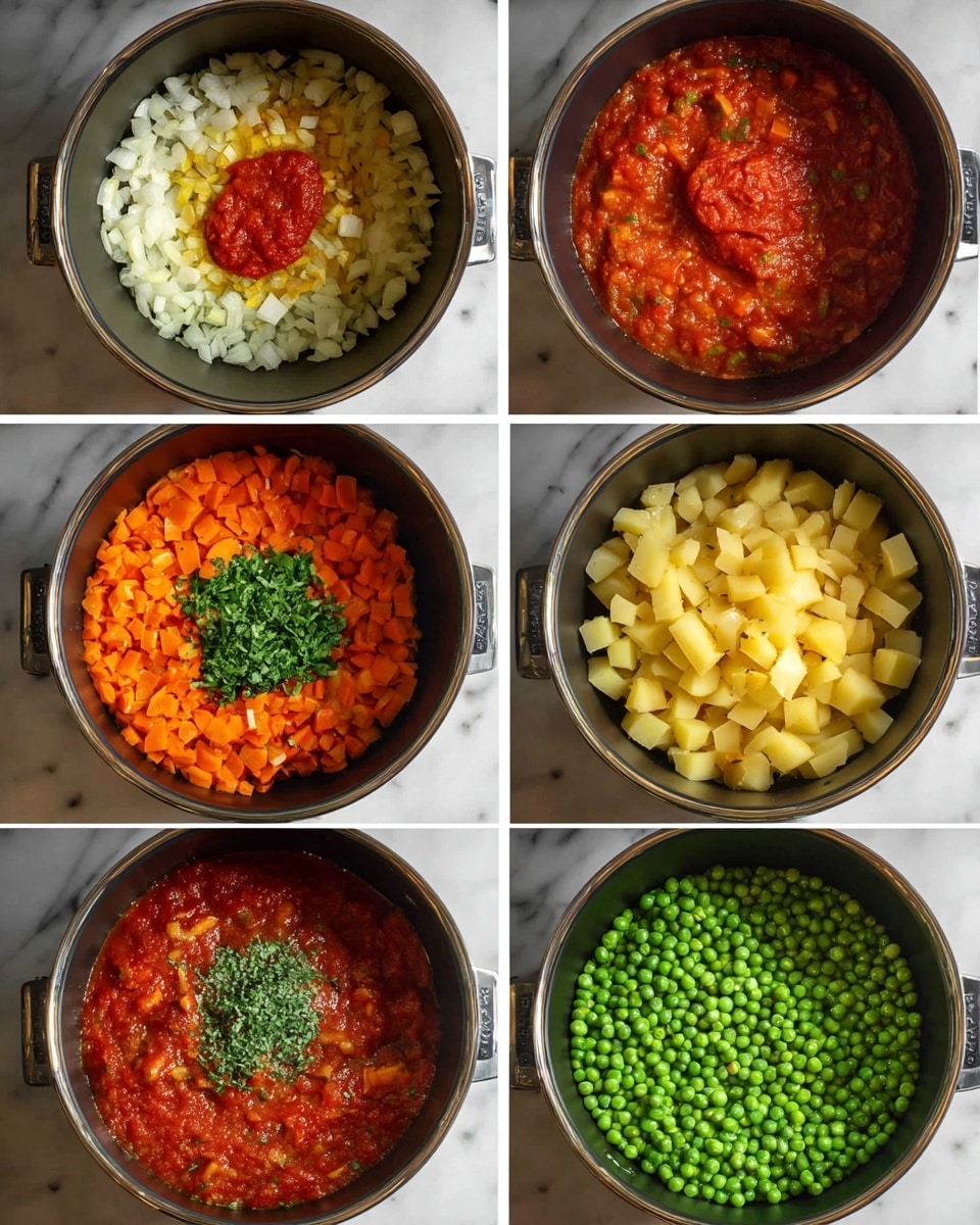 The image shows six steps of cooking in a dark pot on a white marbled surface. The first step has two layers: a base layer of oil with diced white onions on the left and orange carrots on the right. The second step adds a dollop of red tomato paste on top of the softened onions and carrots. The third step shows a thick layer of chunky red tomato sauce covering the cooked vegetables. Next, a heap of fresh chopped green herbs sits in the center on the tomato sauce layer. The fifth step adds a layer of light yellow diced potatoes on top of the tomato and herb mixture. Finally, the sixth step shows the addition of a generous layer of bright green peas covering the potatoes and sauce beneath. Photo taken with an iphone --ar 4:5 --v 7