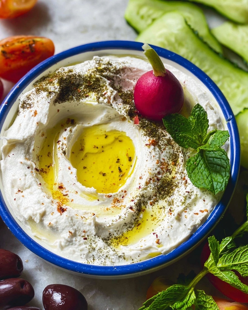 The dish is a creamy white dip with a smooth, thick texture spread in a white bowl with a blue rim. It has a shallow well in the center filled with a bright yellow layer of olive oil. There is a sprinkling of dark green spices around the dip's edges. On one side, there is a small round reddish-purple radish with a green top. Nearby, there are slices of a fig showing a reddish interior with tiny seeds. Dark purple olives and fresh bright green mint leaves form a small cluster near the bottom edge of the bowl. The bowl sits on a white marbled surface with sliced cucumbers and other fresh vegetables around it. The photo was taken with an iphone --ar 4:5 --v 7