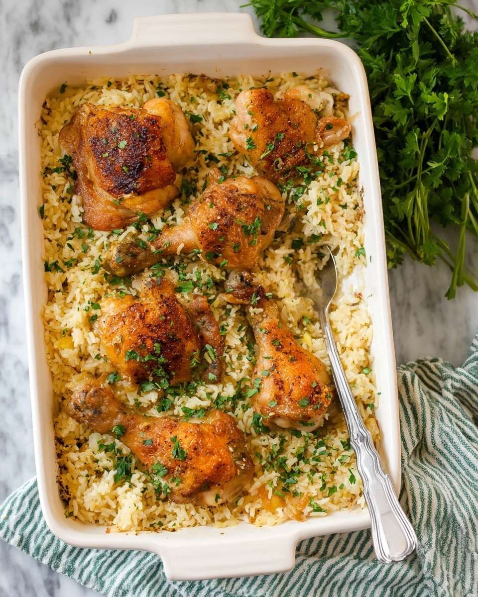 A white rectangular dish filled with a base layer of creamy, light yellow rice mixed with herbs and bits of cooked onions. On top, five pieces of golden brown cooked chicken with crispy skin are scattered, some showing drumsticks and others thighs, each sprinkled lightly with green herbs. Small parsley leaves decorate the rice and chicken, adding spots of fresh green color. A silver spoon is partially buried in the rice on the right side. The dish sits on a white marbled surface with a nearby sprig of parsley and a striped cloth in green and white on the upper right side. Photo taken with an iphone --ar 4:5 --v 7