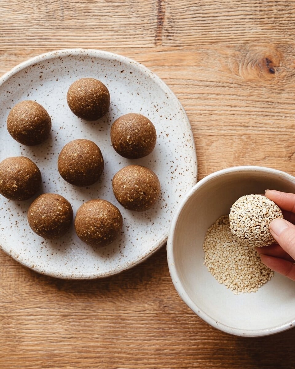 The image shows nine round brown dough balls on a white plate with a textured surface, slightly speckled in the middle. To the right, there is a white bowl with two dough balls inside; one ball is plain brown while the other is coated with white sesame seeds. A woman's hand gently holds the plain brown ball inside the bowl. The background is a wooden table with a natural grain texture. photo taken with an iphone --ar 4:5 --v 7