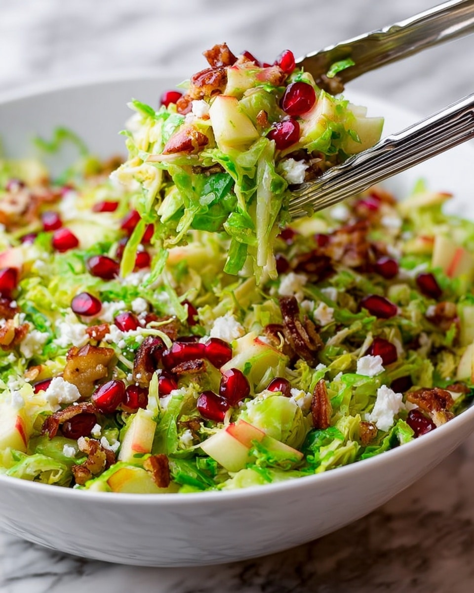 A white bowl filled with a fresh, colorful salad showing multiple layers: the base layer is thinly sliced bright green Brussels sprouts, mixed with small diced pieces of red-skinned apple and scattered white crumbles of cheese. On top, there are chunks of golden brown toasted nuts and bright red pomegranate seeds adding texture and pops of color. Two silver tongs are holding a portion of the salad, pulling some of the ingredients upwards, showing the mix clearly. The background features a white marbled surface, enhancing the fresh and vibrant look of the salad photo taken with an iphone --ar 4:5 --v 7