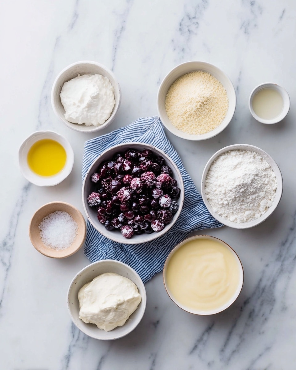 The image shows a top view of nine small white bowls arranged on a white marbled surface. In the center, there is a bowl filled with frozen mixed dark purple and red berries. Surrounding it, from top and going clockwise, there is a bowl with yellowish light brown powder, a bowl of white cream, a bowl of white powder, a tiny bowl of light golden liquid, a tiny bowl with a small amount of salt, a bowl of white thick cream, a bowl of light yellow liquid, and a bowl with a small amount of white powder. A blue and white striped cloth is placed under some bowls, adding texture to the scene. The lighting is bright, and the overall look is clean and fresh. Photo taken with an iphone --ar 4:5 --v 7