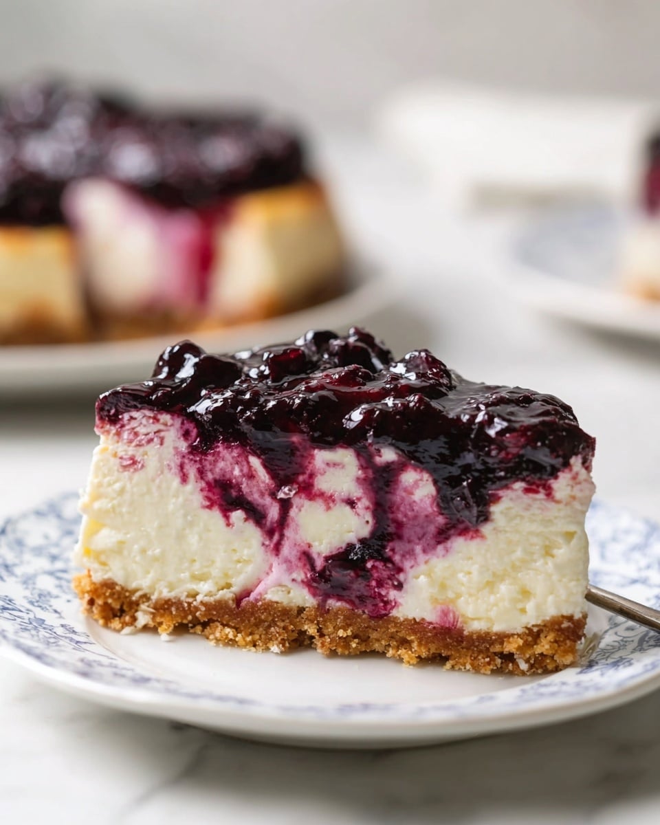 A slice of three-layer cheesecake is shown on a white plate with blue patterns over a white marbled surface. The bottom layer is a light brown crumbly crust. The middle layer is thick, creamy white cheesecake with swirls of dark purple berry sauce mixed in. The top layer is a glossy, dark purple berry topping with chunky fruit pieces. In the background, there is a blurred view of the whole cheesecake on a white plate. Photo taken with an iphone --ar 4:5 --v 7