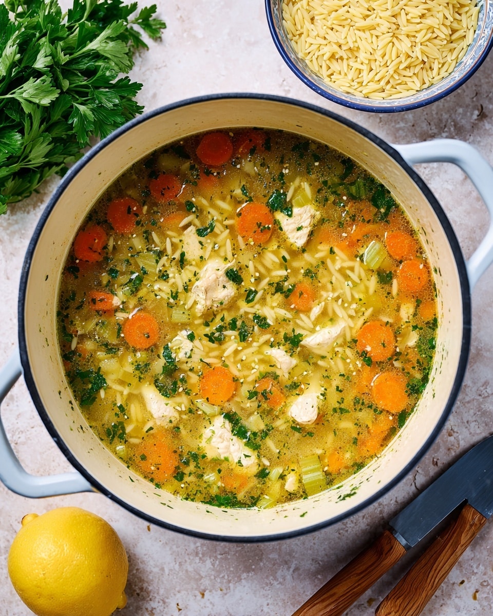 A large white pot filled with a soup that has three main layers: a clear yellow broth at the bottom, mixed with small slices of bright orange carrots throughout, and chunks of white chicken scattered evenly. Green herbs float on top along with small pieces of celery, adding a touch of dark and light green. The pot is placed on a surface with a white marbled texture, alongside a fresh lemon on the left side, a bunch of green parsley, and a bowl filled with dry yellow orzo pasta on the right. A knife with a wooden handle is placed next to the orzo bowl. Photo taken with an iphone --ar 4:5 --v 7