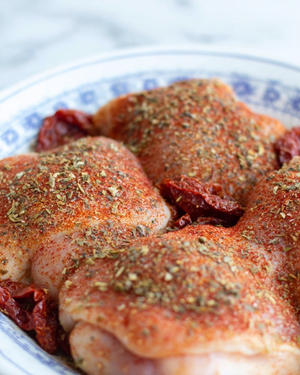 The image shows three pieces of uncooked chicken thighs placed closely next to each other on a white plate with a blue patterned edge, on a white marbled surface. Each chicken piece is lightly coated with reddish seasoning and sprinkled with green herbs, creating a textured look on the skin. Around and partly on top of the chicken thighs, there are chunks of dried tomatoes, adding red, wrinkled layers of varied sizes. The scene is close-up, focusing on the surface seasoning and the details of the chicken shape and tomatoes. photo taken with an iphone --ar 4:5 --v 7