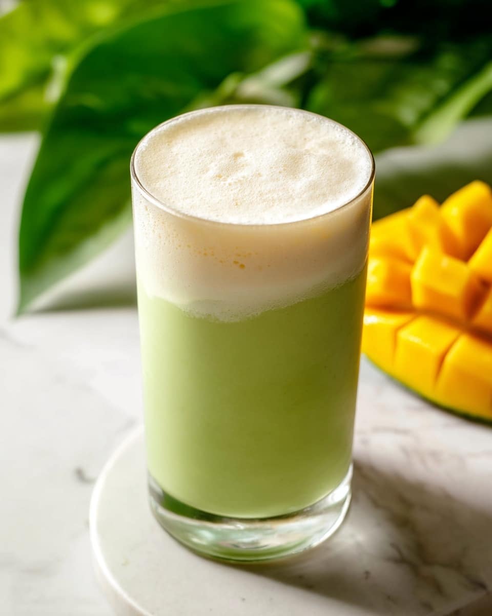 A tall clear glass holds a two-layer drink placed on a white marbled surface. The bottom layer is a pale green, smooth and thick, filling most of the glass. The top layer is a creamy white foam, thick and slightly bubbly, sitting evenly on the green layer. In the background, there are bright green leaves and a diced yellow mango piece, adding fresh colors but keeping the focus on the drink. The photo is clear and bright, shot closely to show the layers and textures. photo taken with an iphone --ar 4:5 --v 7