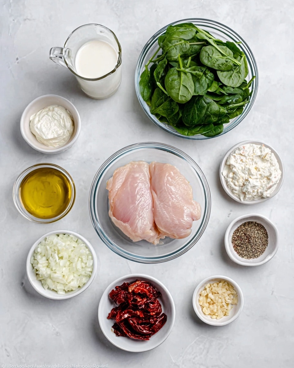 The image shows an overhead view of ingredients neatly arranged on a white marbled surface. In the center, there is a clear glass container holding two pieces of raw chicken meat, pale pink with smooth texture. Surrounding it in a circle are small white bowls and glass containers: one with fresh bright green spinach leaves, another with white creamy sauce, a third with finely chopped onions showing white and purple tones, a fourth with sun-dried tomatoes deep red and wrinkled, and a fifth containing light brown minced garlic. There is also a small glass container of golden yellow olive oil, a small bowl with coarse white salt, and another with ground black pepper. A glass jug of white liquid sits near the top left. The arrangement is clean and well spaced, with all ingredients clearly visible on the white marbled background. Photo taken with an iphone --ar 4:5 --v 7