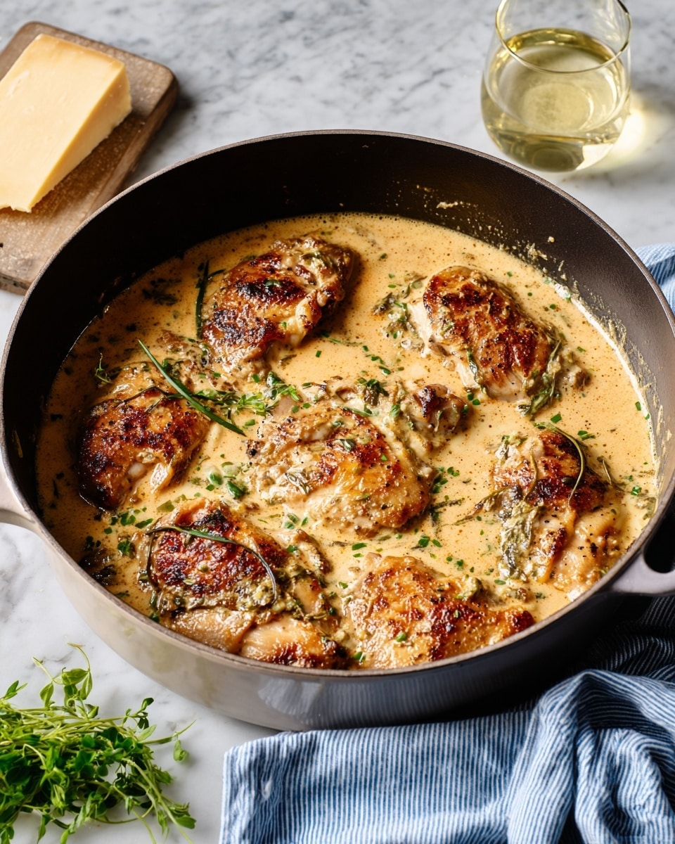 A black round pot with cream inside holds seven browned pieces of chicken partially covered by a light beige creamy sauce with green herb leaves scattered throughout, the sauce has a smooth texture and a little shine. The pot is on a white marbled surface with a blue and white striped cloth to the right, a glass of light yellow liquid and a light yellow block of cheese in the background on the left side, and some green herbs in the front left corner. photo taken with an iphone --ar 4:5 --v 7