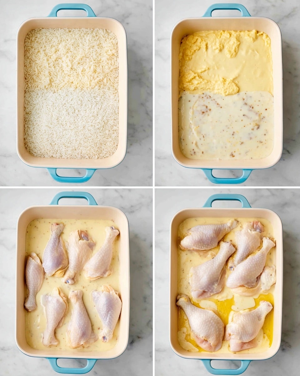 A white rectangular baking dish with a light blue handle is shown in four stages on a white marbled surface. In the first frame, the bottom quarter of the dish is filled with dry white rice, and the upper three-quarters hold three separate creamy mixtures in pale yellow, soft yellow, and beige shades with slightly chunky textures. The second frame shows the dish filled evenly with a thick creamy light beige sauce with small darker specks throughout. In the third frame, the creamy sauce is topped with raw, pale chicken pieces arranged in two rows, including chicken drumsticks and larger parts, spread to cover the surface. The final frame shows the same raw poultry with a layer of melted yellow butter drizzled over, giving a shiny smooth finish around the chicken pieces. photo taken with an iphone --ar 4:5 --v 7
