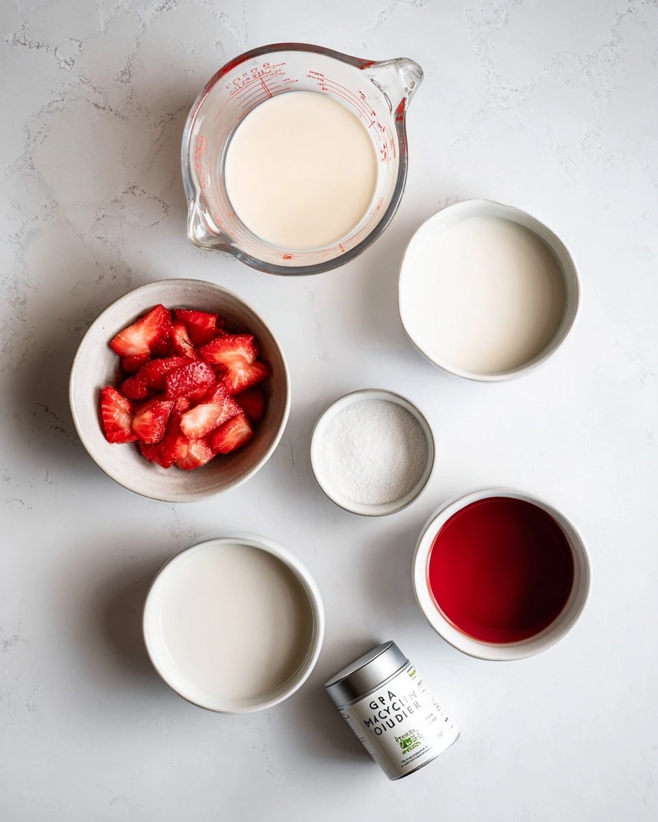 The image shows six white containers placed on a white marbled surface, arranged loosely in a circular shape. On the top left, there is a clear glass measuring cup filled with a light cream liquid. To its right, there is a white bowl also filled with a similar light cream liquid. Directly below the measuring cup, a white bowl contains fresh bright red strawberry slices, showing their juicy texture. On the right side, near the strawberries, is a small metal canister labeled