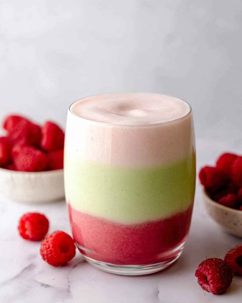 A clear glass filled with three layers of creamy drink sits on a white marbled surface. The bottom layer is a bright red creamy texture, followed by a smooth light green middle layer. The top layer is pale pink and fluffy, covering the drink evenly. Around the glass, there are fresh whole raspberries and a small white bowl holding more raspberries, creating a fresh and colorful setting. Photo taken with an iphone --ar 4:5 --v 7