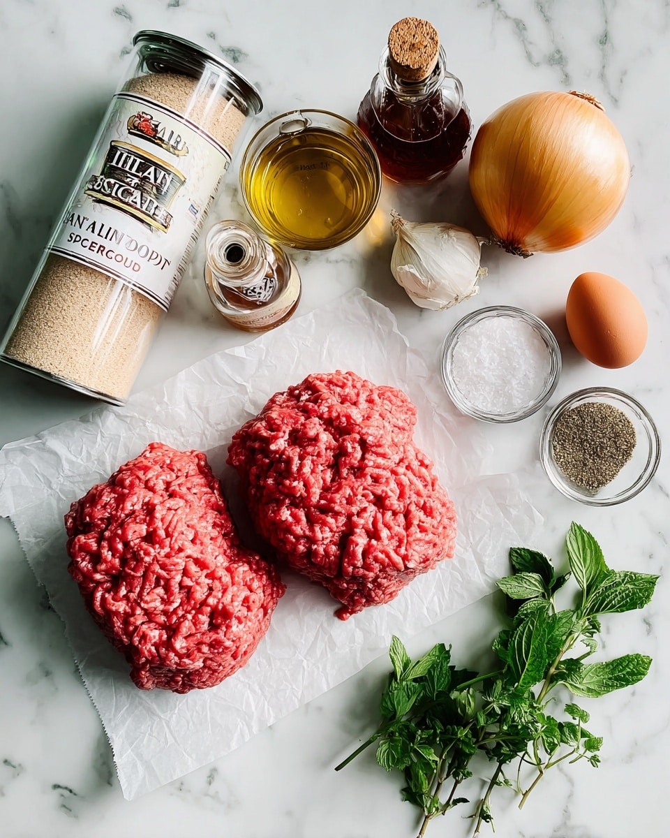 The image shows two large mounds of raw ground meat placed on white parchment paper in the center, surrounded by various ingredients on a white marbled surface. To the top left, there is a tall container of Italian style bread crumbs, next to a small clear glass bottle with a cork, and a larger brown bottle labeled red wine vinegar. On the right side, there is a whole yellow onion, a bulb of garlic, an egg, a small wooden bowl of salt, and two glass jars with dried oregano and ground cumin. At the bottom right corner, fresh green herbs, likely mint or oregano, are spread out. The colors contrast well with the white marbled background. photo taken with an iphone --ar 4:5 --v 7