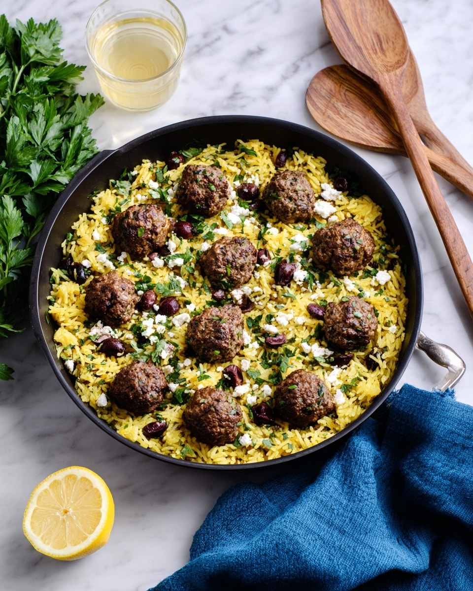 A black pan filled with a single layer of yellow rice mixed with green herbs and dark olives, topped with nine evenly spaced round brown meatballs and small white crumbles scattered over the rice. The pan is on a white marbled surface with a bunch of green herbs on the left, a lemon half on the right next to a blue cloth, and wooden salad servers beside the cloth. There is also a glass of light yellow drink at the top left corner. Photo taken with an iphone --ar 4:5 --v 7