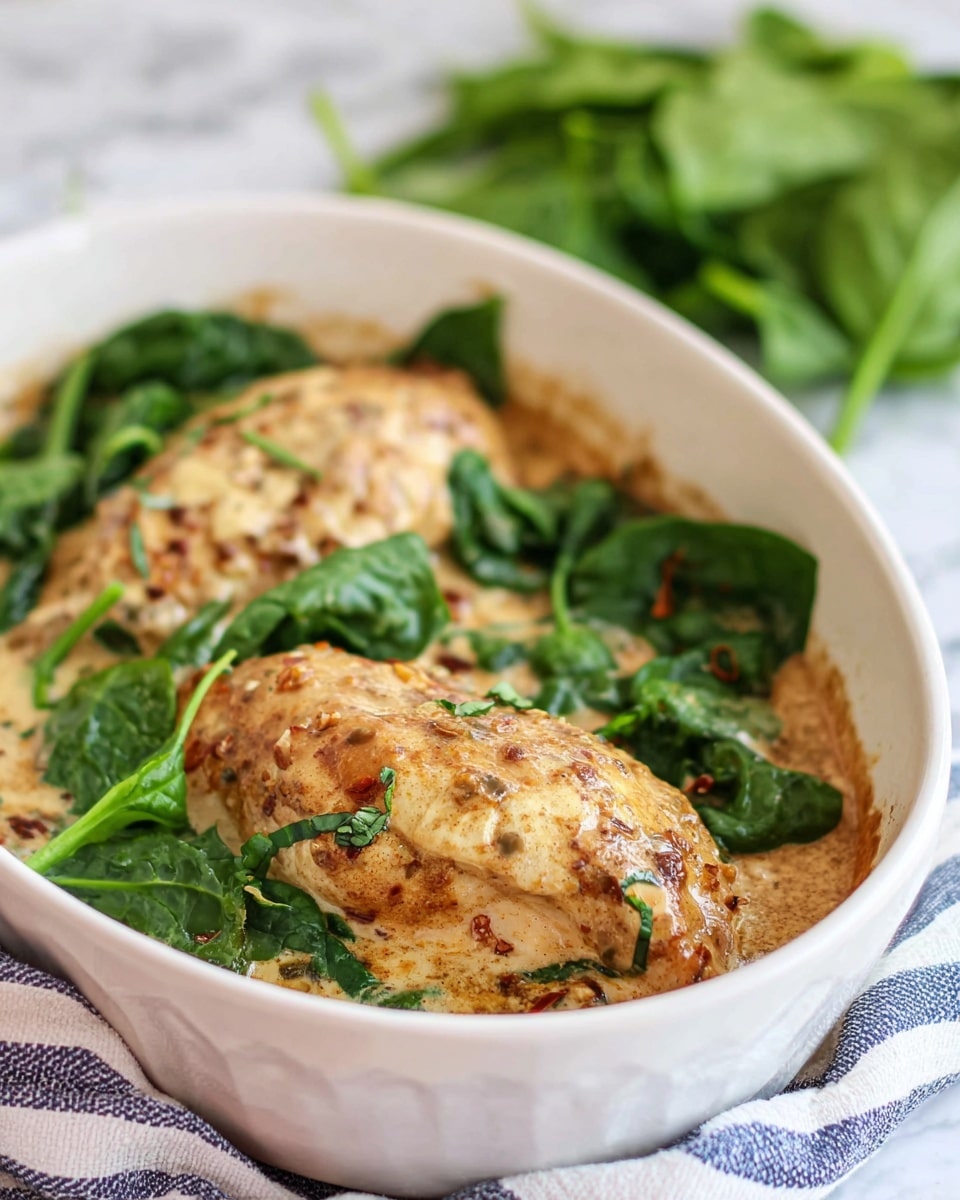 The image shows a white oval dish on a white marbled surface with a blue and white striped cloth under it. Inside the dish, there are two large chicken pieces cooked with a creamy, light brown sauce that has small bits of herbs and spices visible. Fresh green spinach leaves are scattered over and around the chicken, adding a vibrant contrast. In the background, blurred fresh leafy greens are visible, enhancing the fresh look of the dish. The photo taken with an iphone --ar 4:5 --v 7