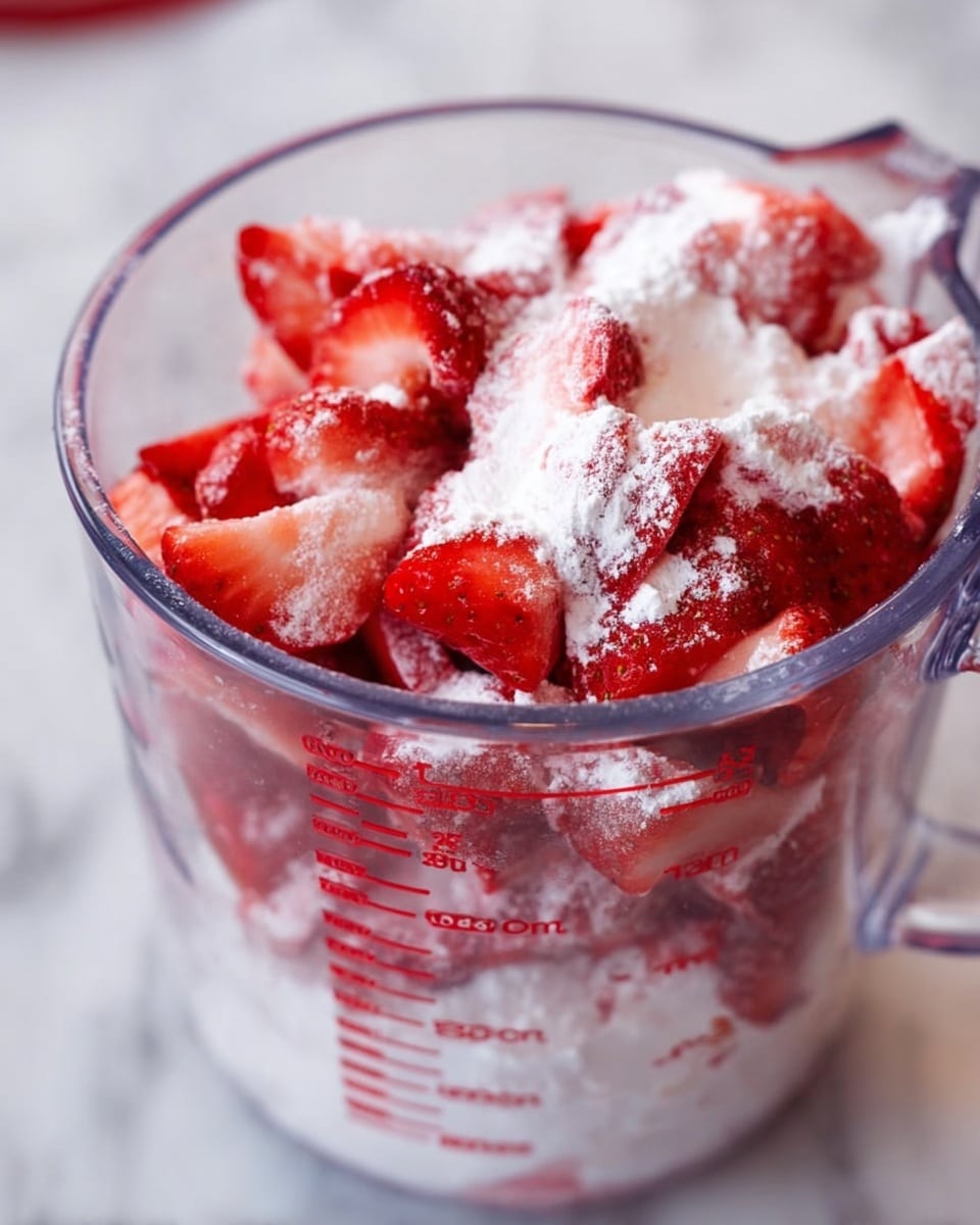 A clear glass measuring cup filled with two layers of sliced red strawberries mixed with a white powder, possibly sugar or flour. The strawberries are bright red with some pinkish highlights, while the white powder covers the fruit unevenly, creating a textured look. The cup is marked with black measurement lines and numbers up to 2 cups on a white marbled surface. The image is close-up and brightly lit, showing details of the strawberry slices and powder. photo taken with an iphone --ar 4:5 --v 7
