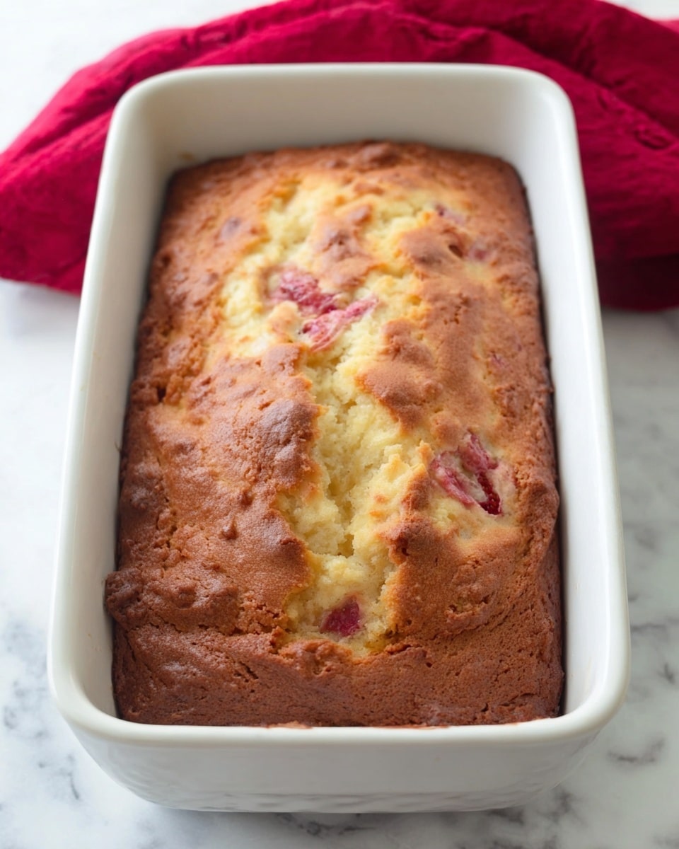A baked cake loaf sits in a white rectangular baking dish. The top layer is golden brown with a slightly cracked and rough texture, revealing bits of pink fruit inside. The cake looks thick and fluffy with an uneven surface. The baking dish is placed on a white marbled texture with a blurred red cloth in the background. Photo taken with an iphone --ar 4:5 --v 7