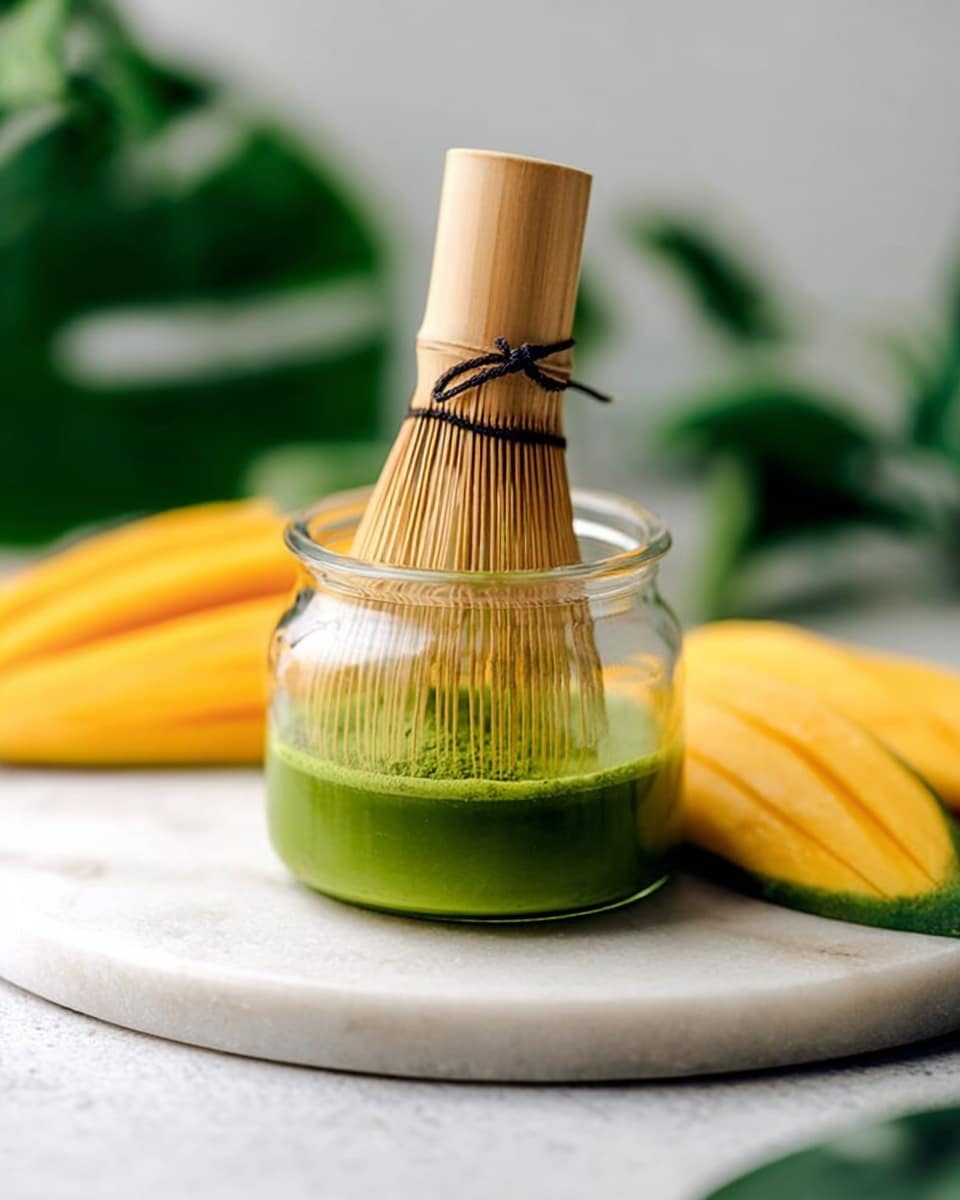 A small clear glass jar filled about one third with bright green matcha powder mixed with water, showing a smooth liquid layer inside. A light bamboo whisk with thin tines and a dark string tied around it stands upright inside the jar, with the lower part dipped in the green liquid. The jar sits on a round white marble surface that reflects light softly. Around the jar, there are fresh yellow mango slices with smooth, curved surfaces and bright orange flesh placed casually, slightly out of focus. In the background, green leaves create a soft, natural blurred backdrop. Photo taken with an iphone --ar 4:5 --v 7