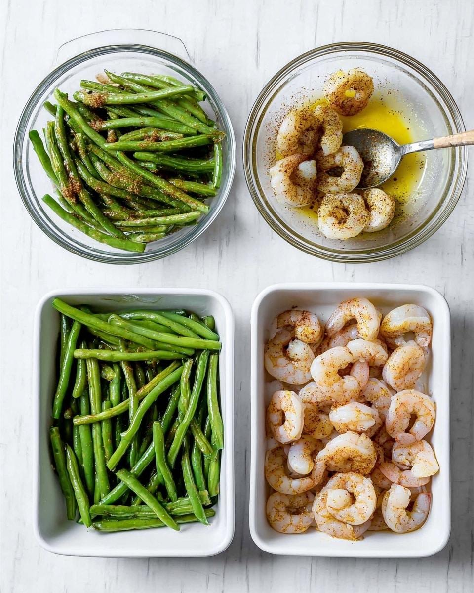 The image shows four containers on a white marbled surface. The top left container is a clear glass bowl filled with fresh green beans sprinkled with a brown spice. The top right container is a clear glass bowl with uncooked peeled shrimp seasoned with yellow and black spices, with a spoon inside. Below, on the bottom left, there is a white rectangular baking dish with green beans spread evenly on the bottom, also sprinkled with brown spice. The bottom right features another white rectangular baking dish with green beans at the bottom, topped with raw seasoned shrimp arranged evenly over the beans. Photo taken with an iphone --ar 4:5 --v 7