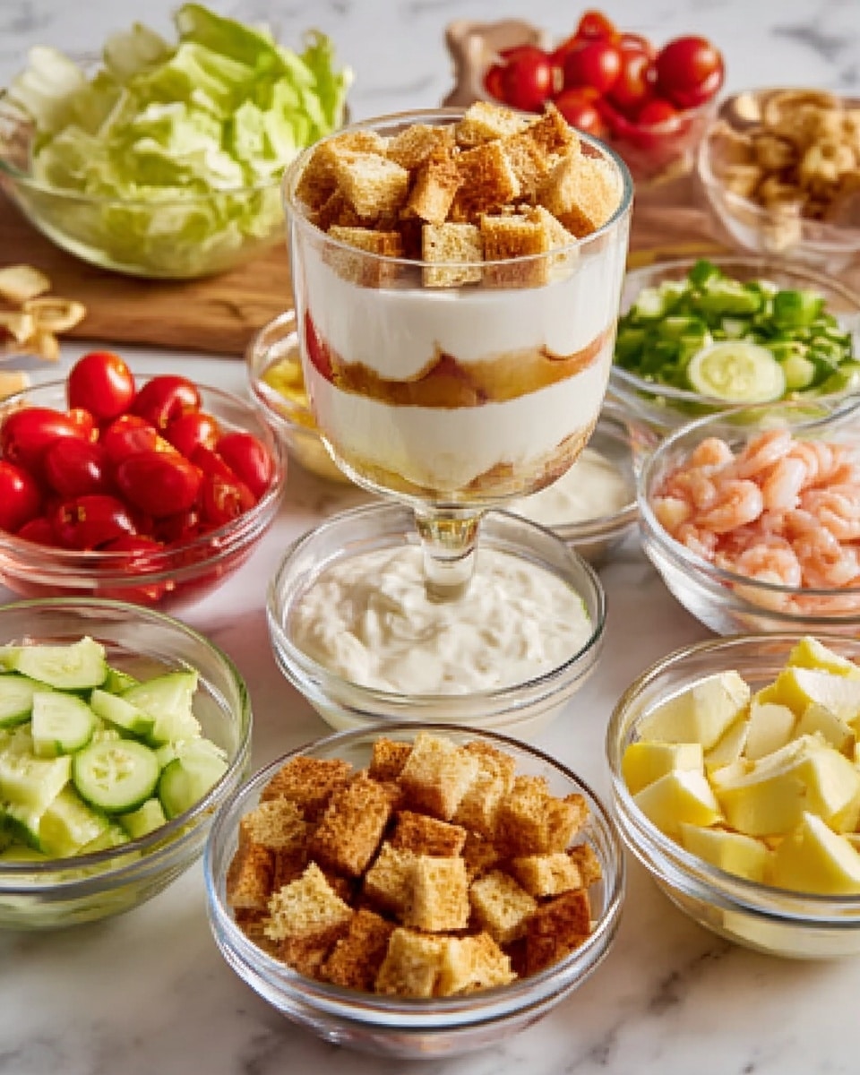 The image shows an assortment of clear glass bowls and glasses arranged on a white marbled surface. In the center, a tall clear glass contains a layered dessert with three thick white layers separated by two layers of light caramel color. Around it, there are small clear bowls filled with bright red cherry tomatoes, light pink shrimp, golden-brown croutons, light yellow lemon wedges, diced light green cucumber, creamy white sauce, and a few green leafy herbs. Everything is neatly placed, showing a variety of fresh ingredients and textures. Photo taken with an iphone --ar 4:5 --v 7