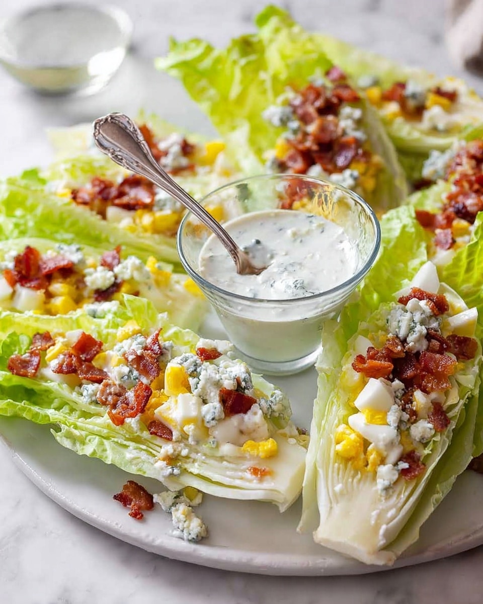 A white plate holds several wedge-shaped layers of light green iceberg lettuce, each topped with creamy white dressing, small bits of crispy reddish-brown bacon, and chopped yellow hard-boiled eggs. At the center of the plate, a small clear glass cup contains more creamy white dressing with some blue cheese crumbles on top, and a spoon inside. The scene is set on a white marbled surface with a soft, bright background. photo taken with an iphone --ar 4:5 --v 7