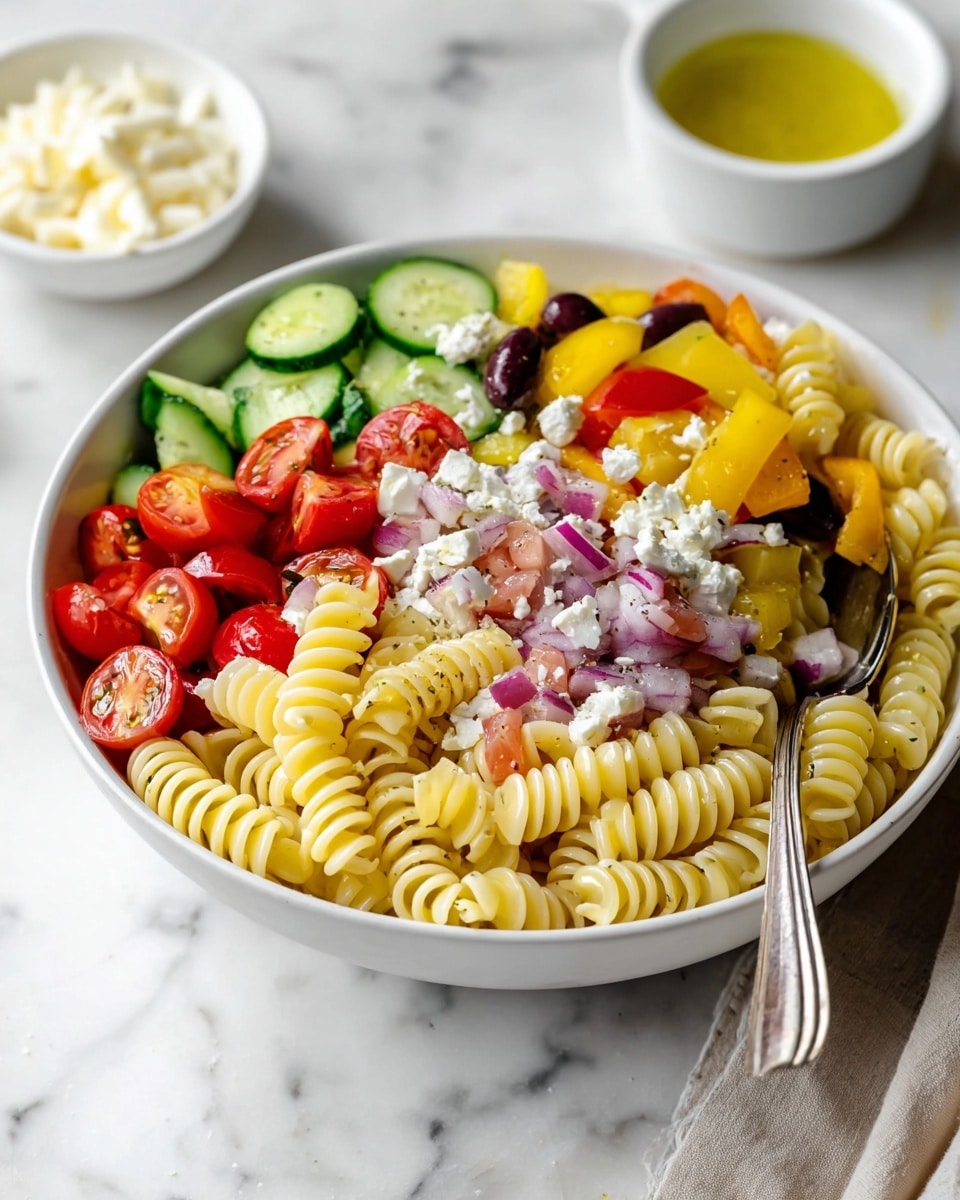 A white bowl filled with three layers of food: the bottom layer has light yellow spiral pasta, the middle layer shows chunks of yellow bell pepper, halved red grape tomatoes, sliced green cucumbers, and small pieces of red onion, and the top layer includes small white crumbles of cheese and a few black olive pieces. The bowl sits on a white marbled surface with a silver spoon on the right edge. A small white bowl of cheese crumbles and a small glass container of light yellow dressing are in the background. photo taken with an iphone --ar 4:5 --v 7