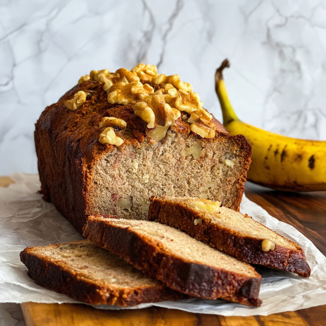 The image shows a sliced banana nut bread loaf placed on parchment paper on a wooden surface with a white marbled texture background. The bread has a dark brown crust with a rough texture and is topped with large walnut pieces. The inside is light brown and soft, with small bits of walnuts visible throughout. Three slices are laid out in front of the loaf, showing the dense but moist crumb. Behind the bread, there is a whole yellow banana with some brown spots. Photo taken with an iphone --ar 4:5 --v 7