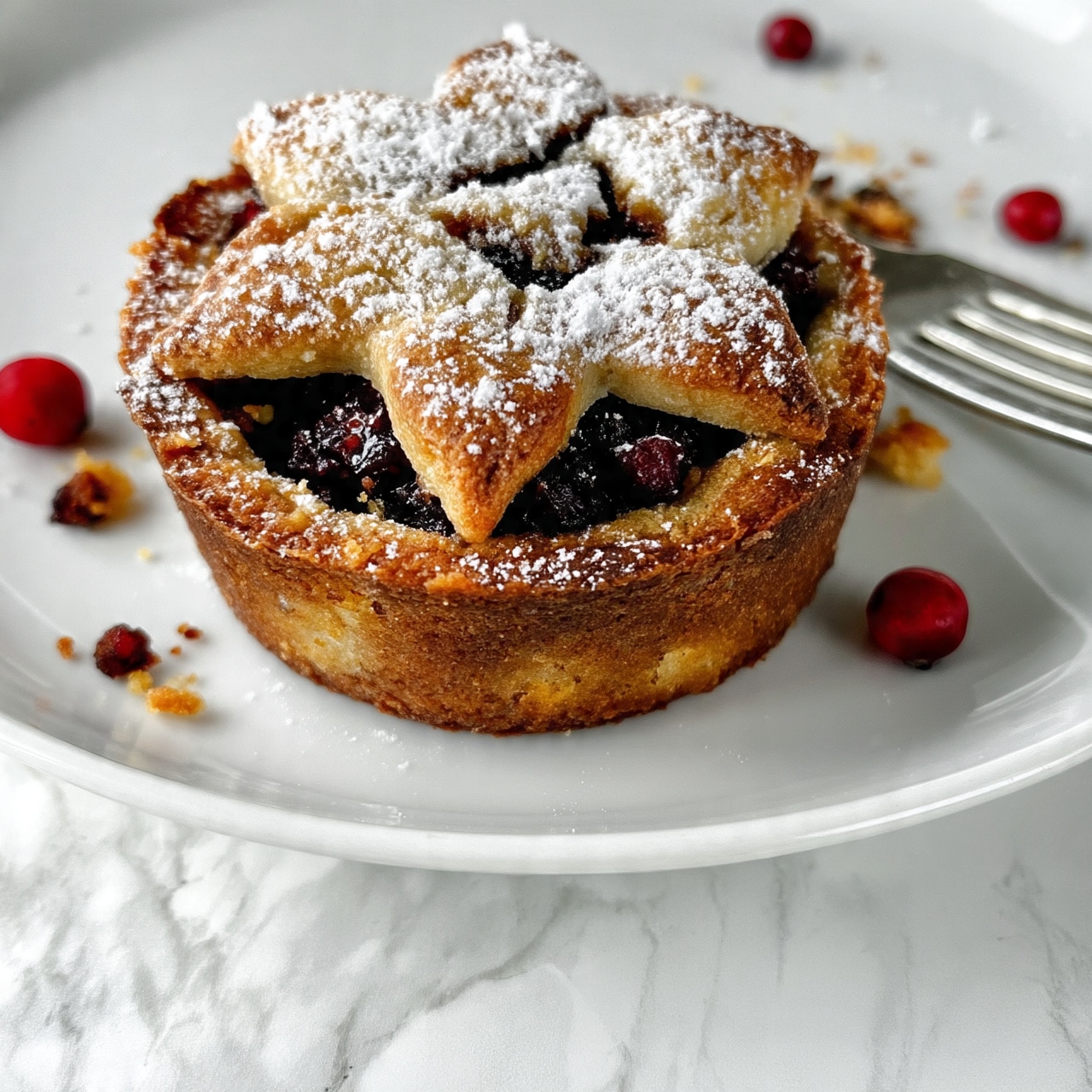 A small round pie with a thick, golden-brown crust on the bottom and sides, filled with a dark, mixed fruit and nut filling that looks chunky and moist; the top crust is shaped like a star and dusted with white powdered sugar, slightly cracked showing the filling beneath; the pie sits on a white plate with a few red berries scattered around it, and some crumbs and bits of filling also lie on the plate near a silver fork; the surface under the plate is white marbled texture photo taken with an iphone --ar 4:5 --v 7