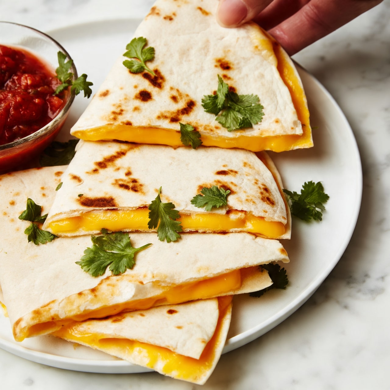 The image shows a white plate on a white marbled surface with several folded quesadilla slices stacked on top of each other. Each quesadilla has two main layers: a light golden-brown, slightly charred tortilla on the outside with visible toasted spots, and a bright yellow melted cheese filling inside. Fresh green cilantro leaves are scattered on top of and around the quesadilla slices. A woman's hand is holding one quesadilla slice lifted above the plate. To the side of the plate, there is a small glass bowl filled with chunky red salsa. Photo taken with an iphone --ar 4:5 --v 7